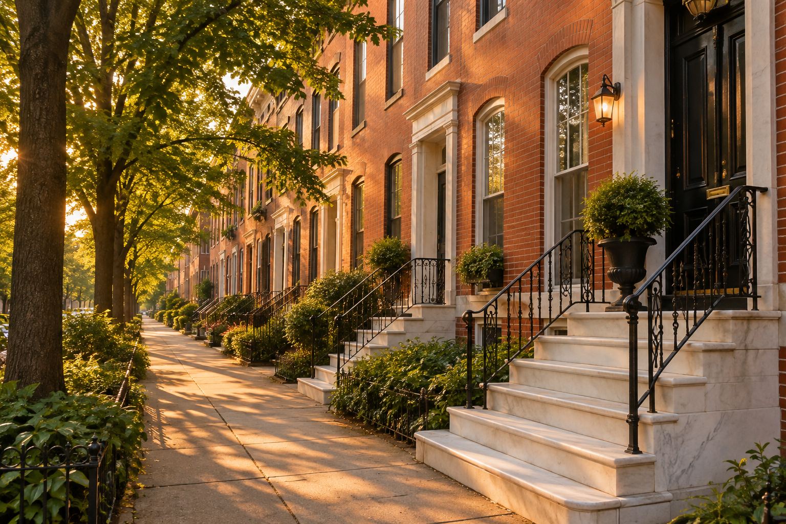 A brick Greater Baltimore home with a tree lined yard, illustrative