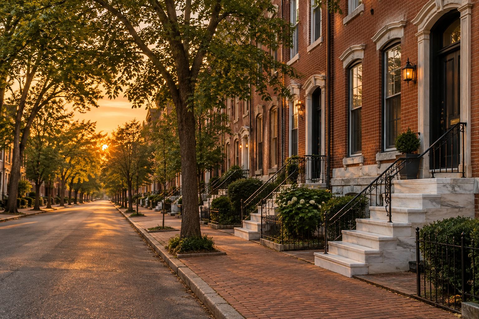 A Baltimore residential street at sunset, illustrative