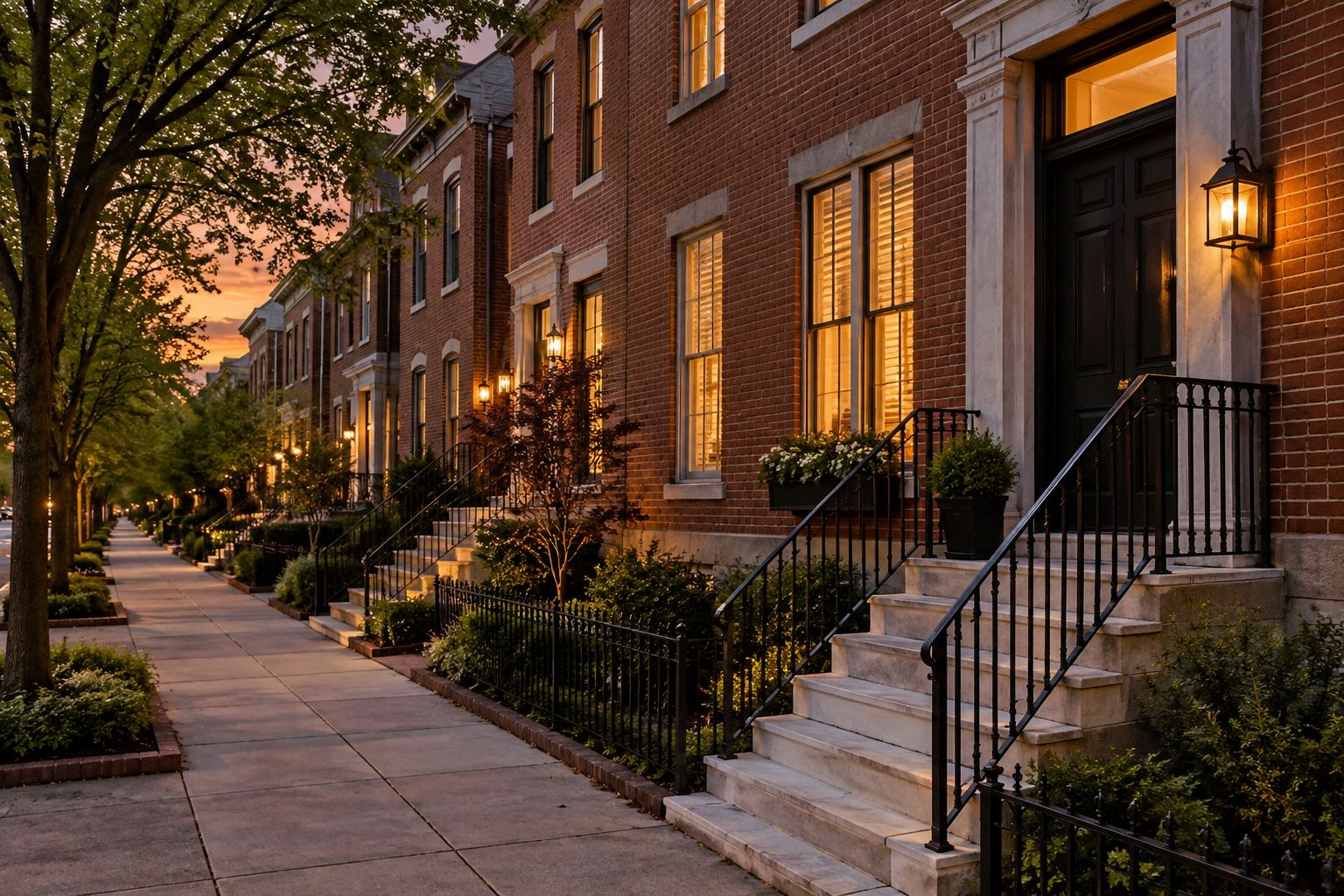 A Baltimore County home at dusk, illustrative
