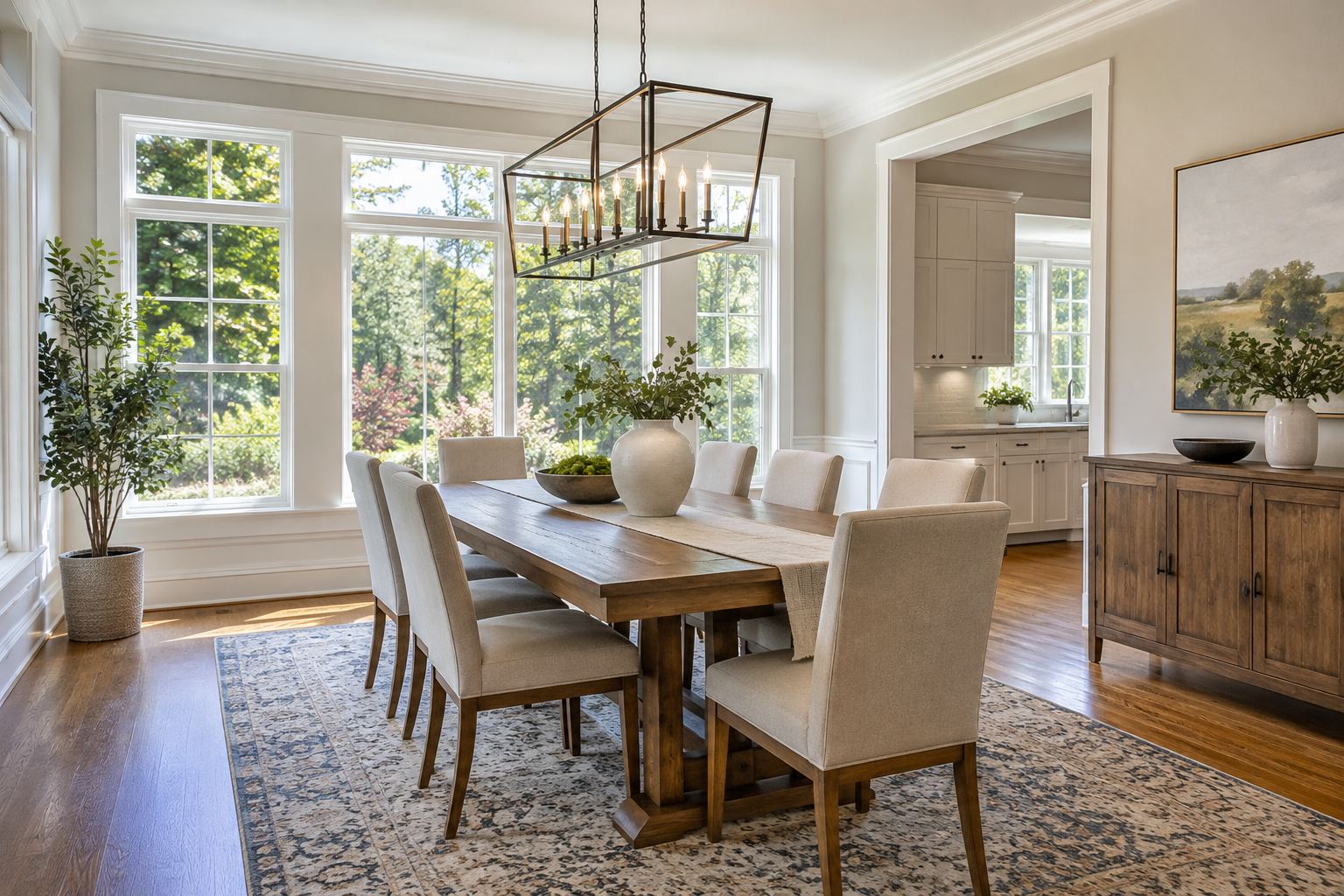 A bright dining room, illustrative
